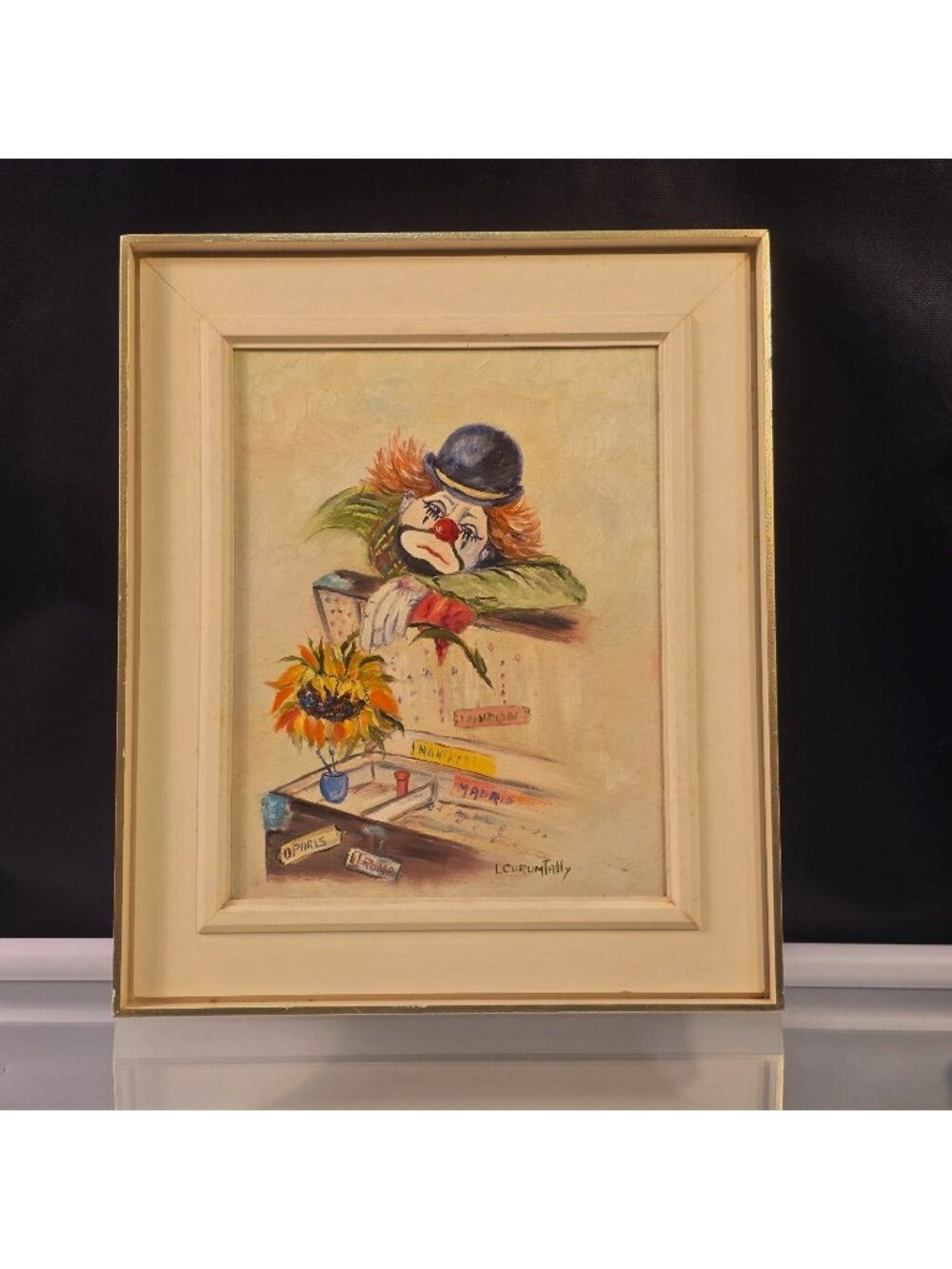 Sad Clown Art Painting Vintage Original Oil On Canvas Clown Dated Signed Framed